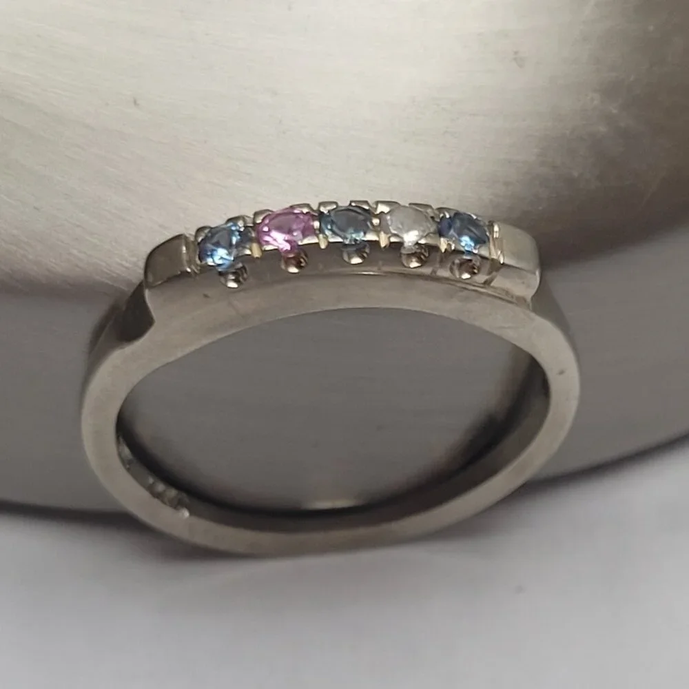 14k Topaz Wedding Band White Gold 5 Stone MultiColor Anniversary or Mothers Ring - Picture 8 of 14